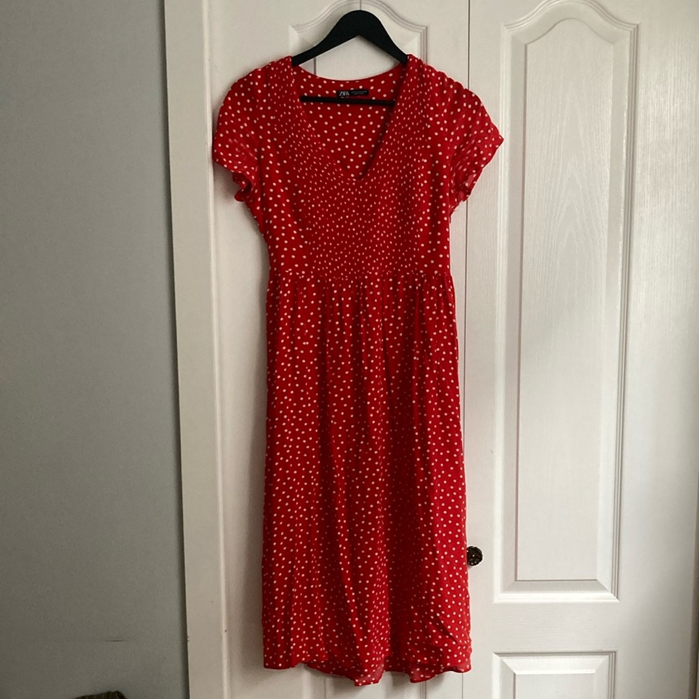 Zara Red and White Polka Dot Midi Dress